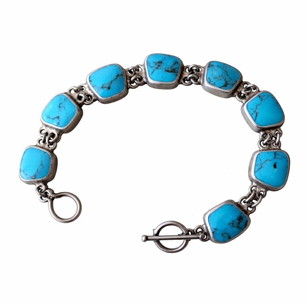 Vintage Mexico Sterling Silver Turquoise Bracelet 925 Southwestern Toggle Link
